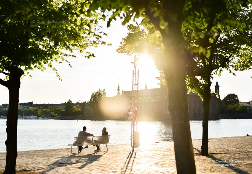 Two people sitting on a bench near a waterfront. It's a bright summer's day and the sun beams reflect in the camera lens.