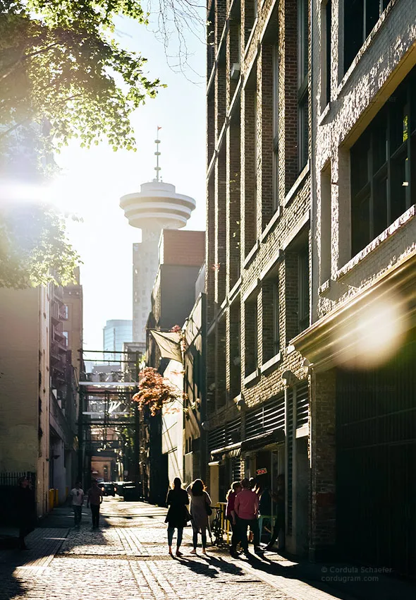 A group of four young people looks towards the end of an alley flooded with bright sunlight. A TV tower can be seen in the background.